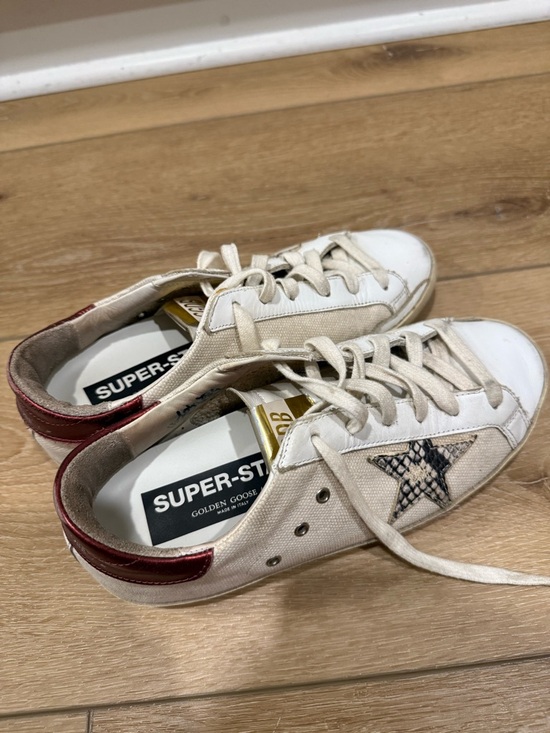 Golden Goose Shoes - Golden Goose Super-Star Off-White Sneakers with Red Heel and Black Star